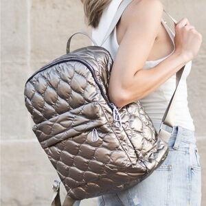Elegant Jade Gold Metallic Quilted Puffer Backpack | Silver Hardware | NIP